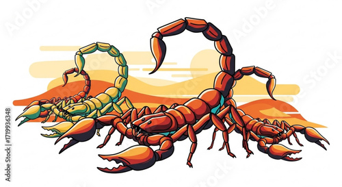Two scorpions with detailed textures and vibrant colors, one in shades of green and the other in reddishbrown, stand against a stylized backdrop