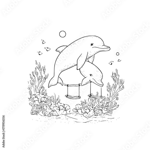 Dolphin coloring page ocean life marine animals sea creatures underwater world printable art outline drawing design