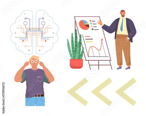 Young man visualizing innovations, digital connections, presenter by flipchart showing analytics. Ideal for innovation, education, teamwork, data analysis, creative thinking, problem solving