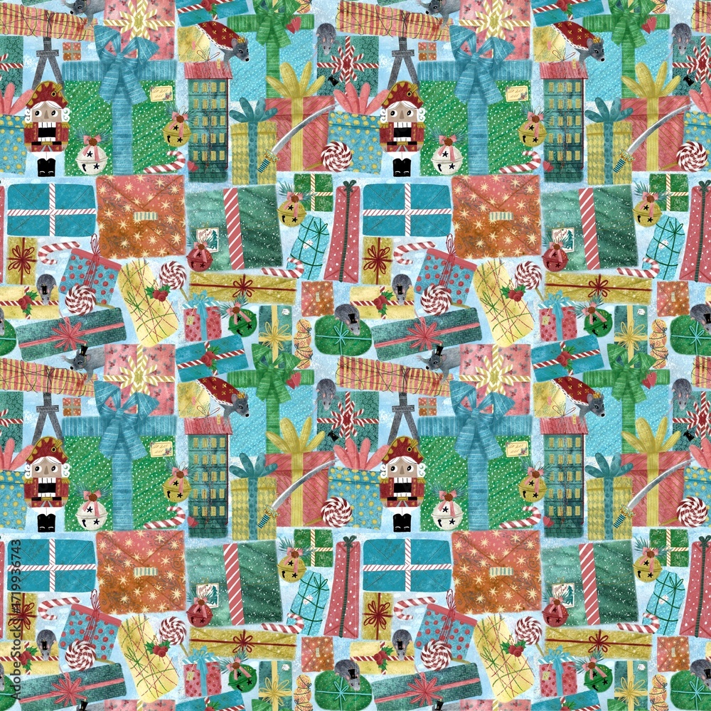 Naklejka premium christmas seamless pattern with nutcracker and presents 