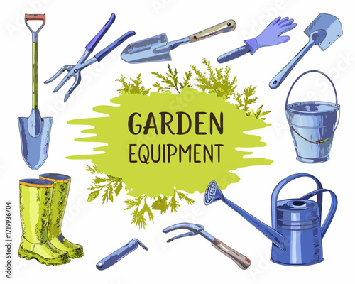 Collection of garden equipment and tools for planting and cultivation