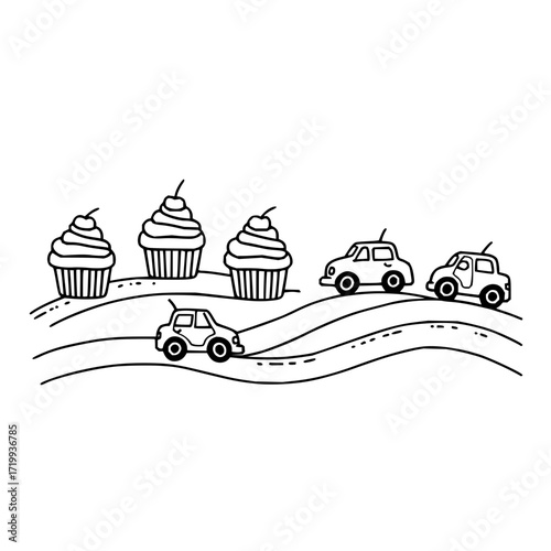 Cupcake cars dessert sweet food bakery road trip driving vehicle transportation illustration outline art