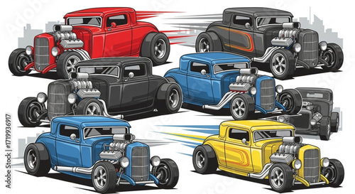 A dynamic illustration features a collection of classic hot rod cars in various colors, showcasing their powerful engines and sleek designs, evoking a sense of speed