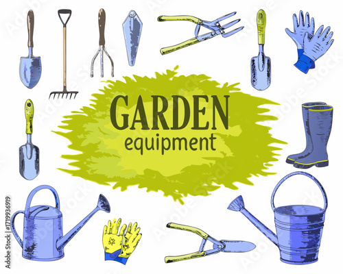 Collection of garden tools and equipment for planting and watering