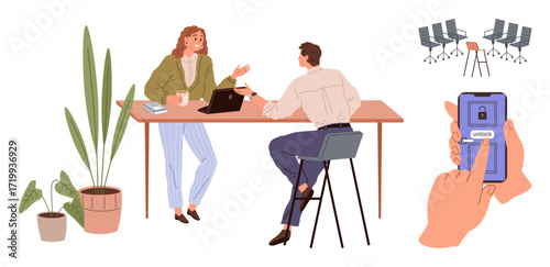 Colleagues chatting at a desk, laptop open with coffee mugs, potted plants beside. Smartphone unlocking and empty chairs symbolizing teamwork, project management, and modern communication. Ideal