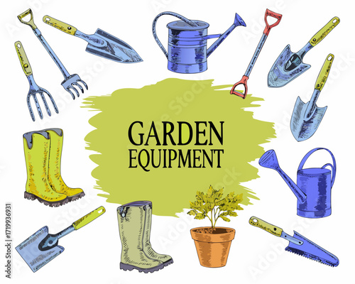 Collection of garden equipment and tools with a potted plant