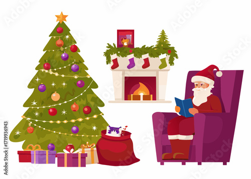 Santa claus reading a book by the fireplace next to a christmas tree