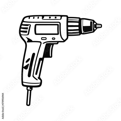 Electric drill silhouette illustration, power tool design, construction equipment symbol, handheld machine detail, DIY repair hardware artwork