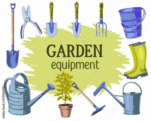 Collection of garden equipment and tools with plant and boots