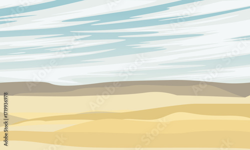 Desert. Yellow sand dunes under a clear blue sky. Realistic vector landscape.