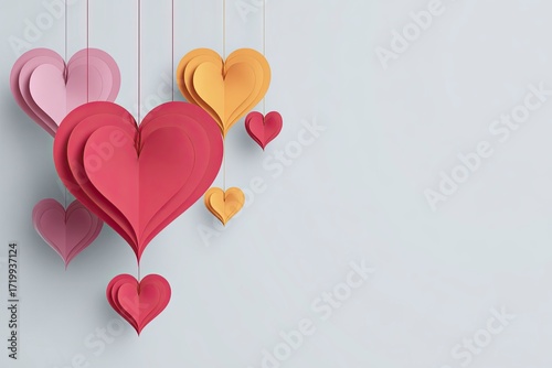 Colorful Paper Hearts Hanging Decorations on White Background for Love Romantic Holiday