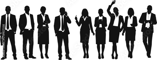 Business people silhouettes in formal attire standing in row, diverse professional poses with briefcases, mobile phones, teamwork and corporate communication