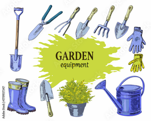 Collection of garden equipment and tools with a potted plant