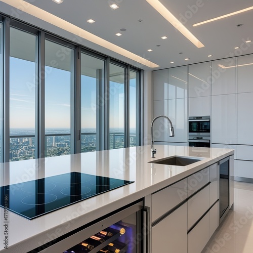 A high-end luxury kitchen with glossy quartz countertops, sleek handleless cabinets, 