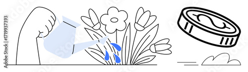 Watering can nurturing blooming flowers next to a flying coin, representing growth, care, investment, finance, sustainability, success, and resource management. Ideal for concepts of growth