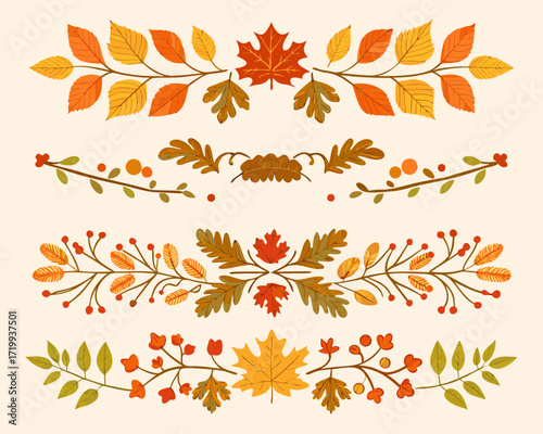 Autumn leaf borders and dividers with fall colors and berries