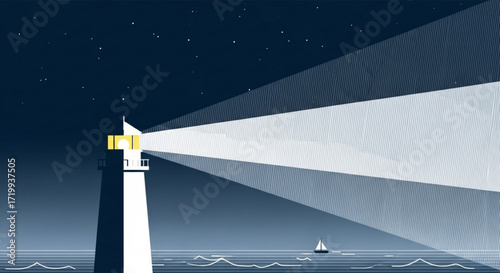 A lighthouse stands tall against the night sky, its bright beam cutting through the darkness to guide ships safely through the ocean, a symbol of hope and guidance