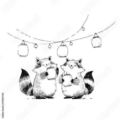 Cute raccoon illustration drinking under string lights adorable animal sketch black and white whimsical drawing art