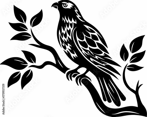Stylized black silhouette of a hawk perched on a tree branch with leaves
