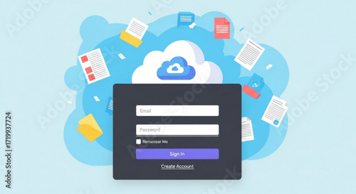 Cloud storage login page with floating documents and files, illustrating secure data access and online collaboration