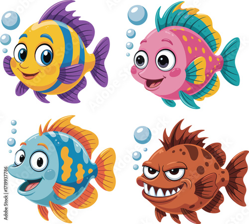 Cartoon fish illustration, colorful aquatic animals, happy sea creatures, underwater vector art, kids marine design, playful ocean character set