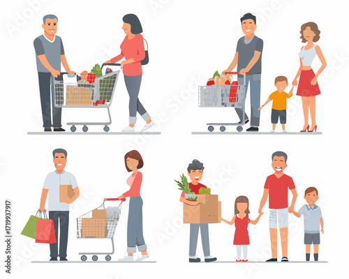Diverse families and couples shopping for groceries with carts and bags