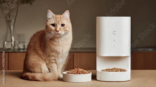 Orange tabby cat sitting beside modern automatic feeder and food bowl filled with dry kibble in warm cozy interior minimalist background