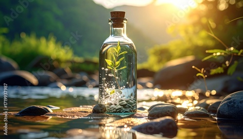 Clear bottle with plant in stream sunlight