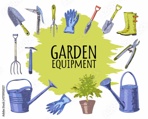 Collection of garden equipment and tools with plant