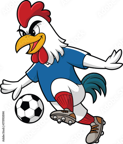 Cartoon rooster, soccer player, animal mascot, football kick, sports character, vector illustration, athletic bird, team spirit, dynamic pose, game action