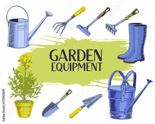 Collection of hand drawn garden equipment and tools