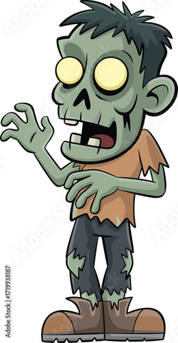 Cartoon zombie character, green undead creature, scary Halloween monster, vector illustration, glowing eyes, tattered clothes, spooky pose, black background