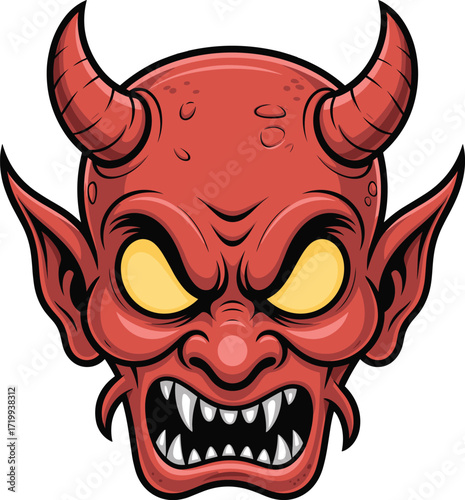 Demon face illustration, evil red character, scary horned head, cartoon devil design, horror vector art, aggressive monster clipart, villain expression