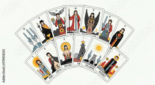 Collection of tarot cards, each featuring unique illustrations and symbols representing different aspects of life and destiny in a mystical arrangement