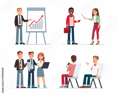 Business team collaborating and presenting in a modern office setting