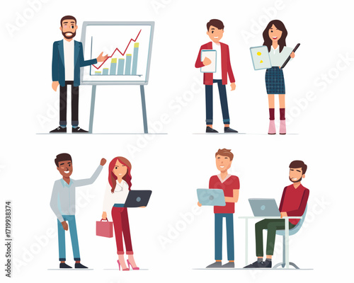 Diverse team of professionals collaborating and presenting in a modern office setting