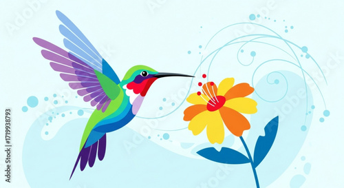 A colorful hummingbird is depicted in flight, approaching a vibrant flower to sip nectar, set against a light blue background with decorative swirls and dots