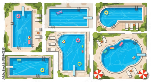 Aerial view of swimming pools with various shapes and sizes, featuring inflatable toys and lounge chairs