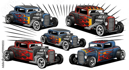 Collection of hot rod cars with flame designs, showcasing classic automotive style and customization