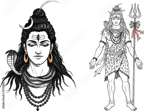 "Lord Shiva vector illustration, head portrait and full body, trident, snake, crescent moon, Hindu deity art, spiritual Indian religious artwork"
