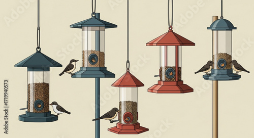 Illustration of various bird feeders with birds perched on them, showcasing different designs and colors