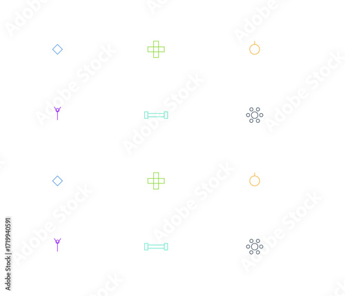 Health and wellness multipack illustration set with 12 flat vector designs including hearts, medical crosses, apples for nutrition, yoga poses, dumbbells for fitness, and mindfulness lotus symbols