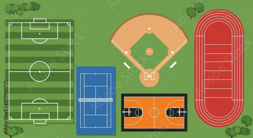 Top view of sport fields illustration of soccer field, baseball field, tennis court, basketball court, and running track