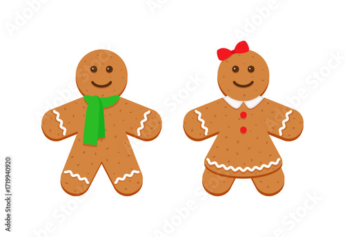 Noel holiday sweet dessert. Gingerbread woman with red tie and man with Christmas scarf. Cute ginger bread character in Xmas design. Classic cookies isolated on white background. Vector illustration