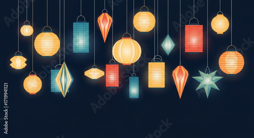 A festive array of hanging paper lanterns illuminates the scene, casting a warm and inviting glow against a dark backdrop, creating a celebratory atmosphere
