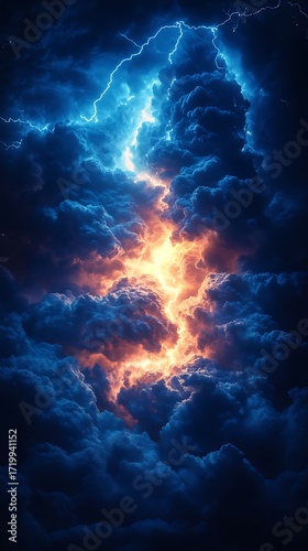 Wallpaper Mural Dramatic Storm Clouds with Orange Glow and Electric Blue Lightning Streaks Above Torontodigital.ca