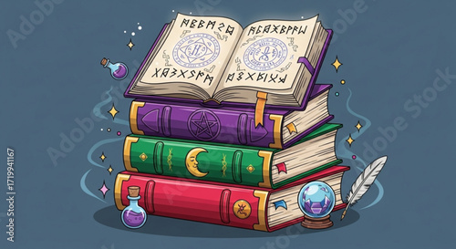 A stack of magical books, complete with spells and potions, evokes a sense of enchantment and fantasy, perfect for storytelling and imaginative adventures