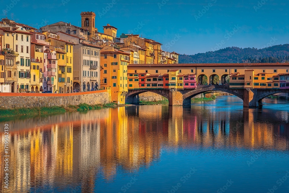 Fototapeta premium Colorful Historic Townscape with Bridge Over River in Tuscany Italy