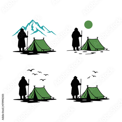 Vector art of woman collecting water from a well in different poses