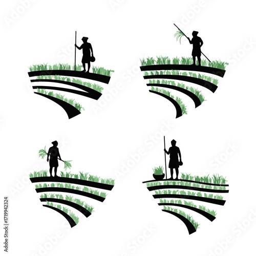 Vector art of shepherd with sheep silhouette on green hill